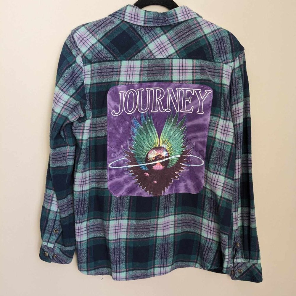 Journey Music Band Custom Blue Purple Flannel Women's Button Down Shirt Sz L